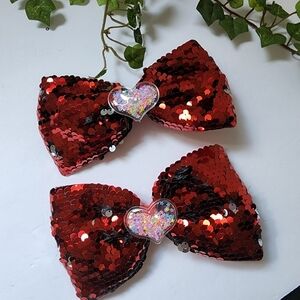 2) Mermaid Flip Sequin Red Hair Bow Clips